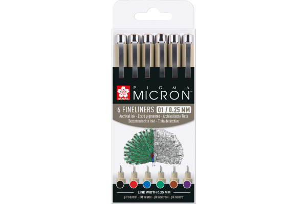 SAKURA Pigma Micron 01 Set 0.25mm POXSDK016 Basic Farben 6 Stück