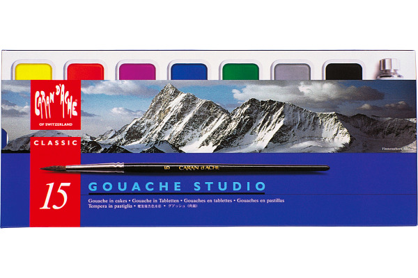 CARAN d'A Gouache Studio Wasserfarben 1000.315 14 Farben, 1 x weiss + Pinsel