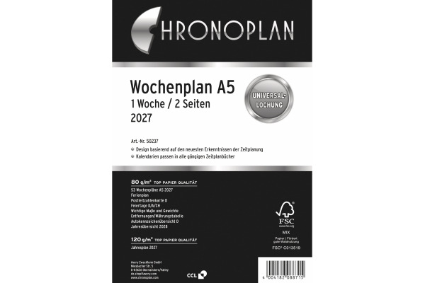 CHRONOPLA Ersatz Wochenplan 2027 50237Z.27 1W/2S in Spalten A5