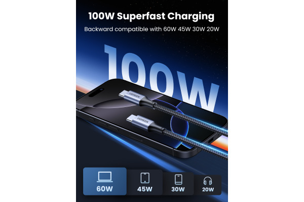 UGREEN Fast Charging Cable 100W Max 70427 5A,USB-C-USB-C,PD,Black 1m