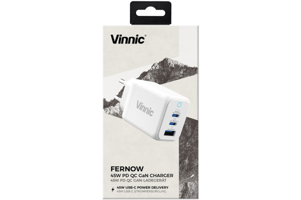 VINNIC FERNOW GaN 45W,Wallcharger VPCG-GA45 2x USB C, 1x USB-A, White