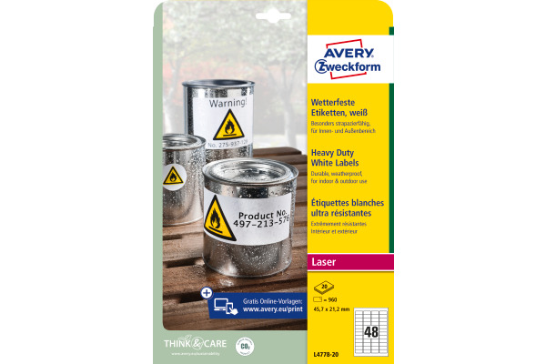 AVERY ZW. Etiketten 45,7x21,2mm L4778-20 Folie, wetterfest 960 Stk./20