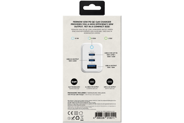 VINNIC FERNOW GaN 45W,Wallcharger VPCG-GA45 2x USB C, 1x USB-A, White