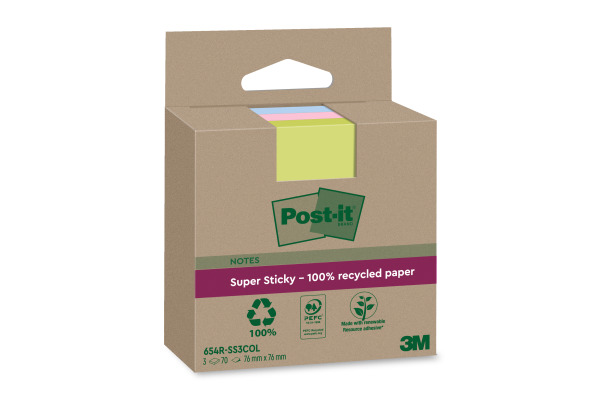 POST-IT SuperSticky Notes 76x76mm 654 RSS3 Recycling,assort. 3x70 Blatt
