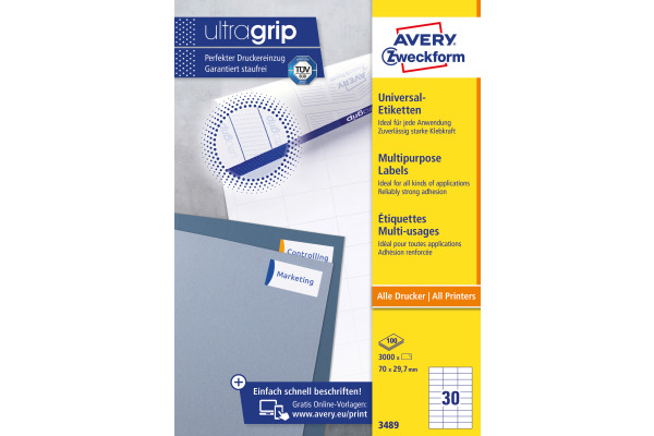 AVERY ZW. Universal-Etiketten 70x29.7mm 3489 weiss 3000 Stk./100 Blatt