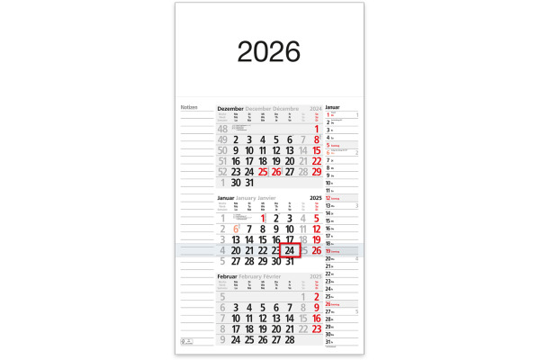 BÜHNER 3-Monatskalender 2027 M3KPNBL-R ML 30x56cm