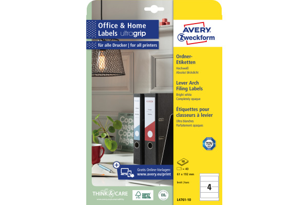 AVERY ZW. Ordner-Etiketten 61x192mm L4761-100 weiss selbstklebend 400 Stück