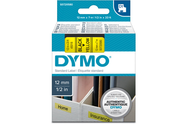 DYMO Schriftband D1 schwarz/gelb S0720580 Polyester, ablösbar 12mm/7m