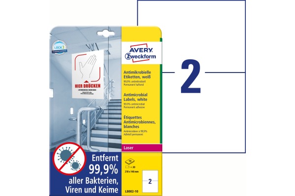 AVERY ZW. Etiketten L8002-10 Antimic. 210x148mm weiss