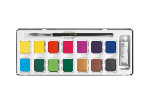 CARAN d'A Gouache Studio Wasserfarben 1000.315 14 Farben, 1 x weiss + Pinsel