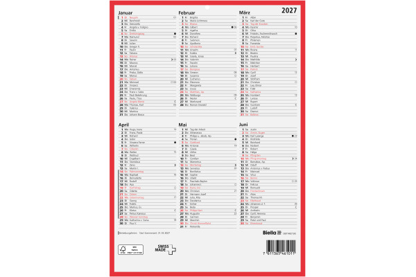 BIELLA Wandkalender 2027 871407900 6M/1S rot/weiss DE 21x29.7cm