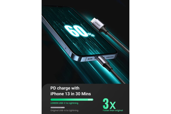 UGREEN Cable USB-C-Lightning PD 60759 1m,Fast Charging,3A Max,Bl.