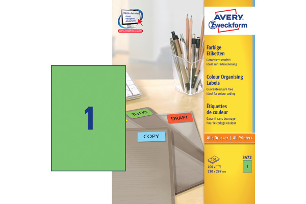 AVERY ZW. Etiketten A4 3472 grün 100 Stück