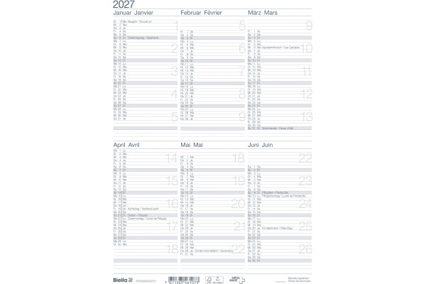 BIELLA Wandkalender 2027 875406000 6M/1S weiss DE/FR 21x29.7cm