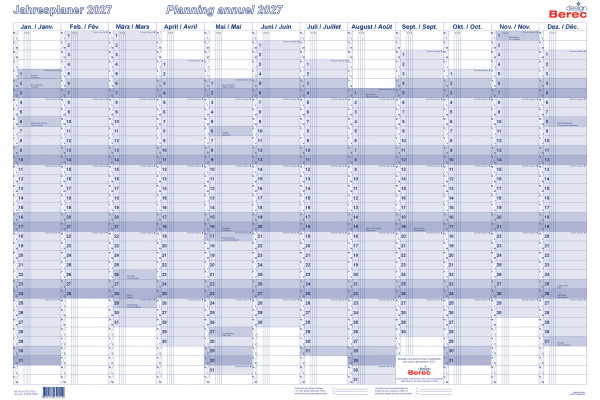 BEREC Jahresplaner quer 2027 5670TF/27 1J/1S blau plastifiz. 60x90cm