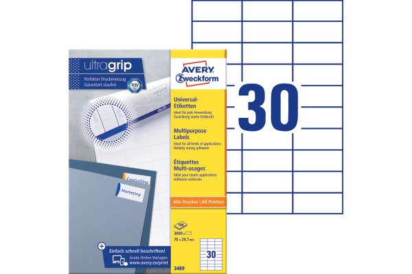 AVERY ZW. Universal-Etiketten 70x29.7mm 3489 weiss 3000 Stk./100 Blatt