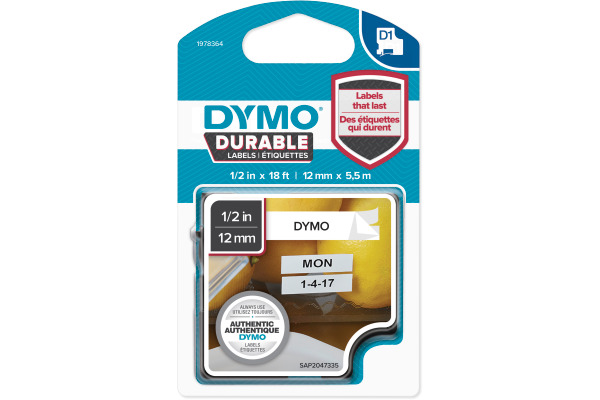 DYMO Schriftband D1 schwarz/weiss 1978364 Vinyl, permanent 12mm/5,5m