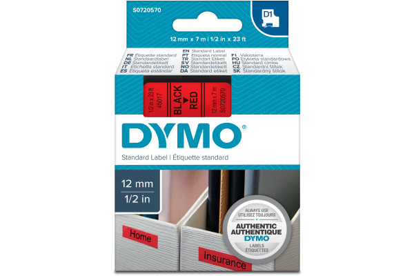 DYMO Schriftband D1 schwarz/rot S0720570 Polyester, ablösbar 12mm/7m