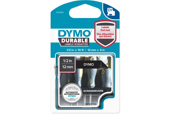 DYMO Schriftband D1 weiss/schwarz 1978365 Vinyl, permanent 12mm/3m