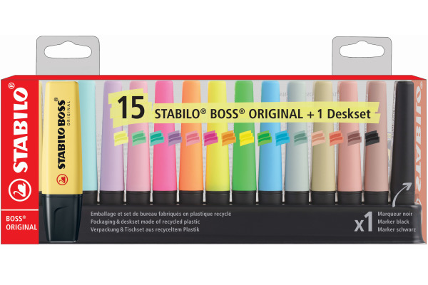 STABILO BOSS Textmarker 2-5mm F60915 Pastel, Deskset 15 Stück