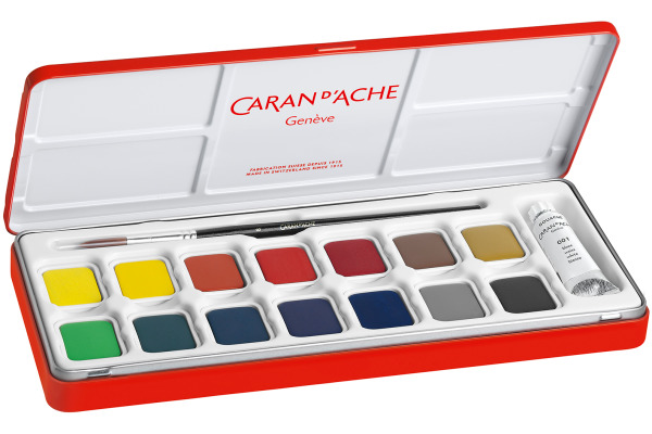 CARAN d'A Gouache Studio Wasserfarben 1000.315 14 Farben, 1 x weiss + Pinsel