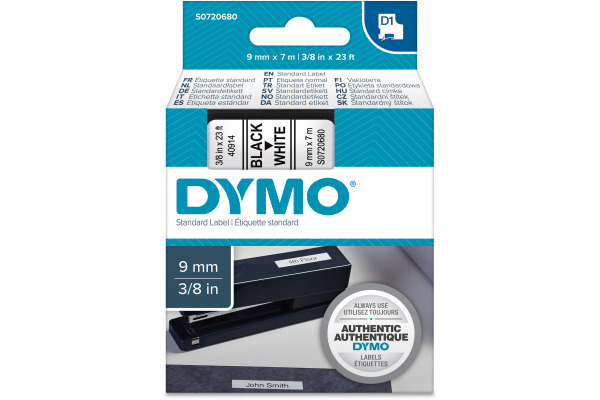 DYMO Schriftband D1 schwarz/weiss S0720680 Polyester, ablösbar 9mm/7m
