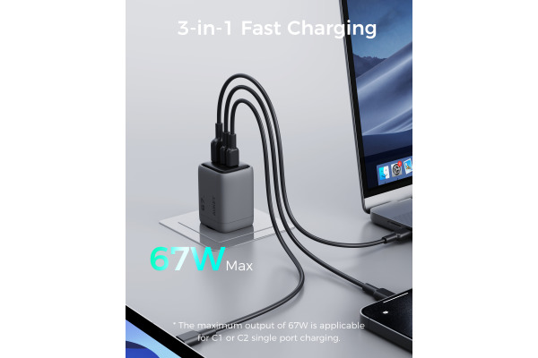 AUKEY Comet Mix 67W GaN PD PA-C3 3-Port, Wall Charger Grey