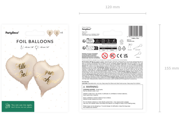 PARTYDECO Folienballons 45cm FB351 Herzen, Hochzeit 2 Stück