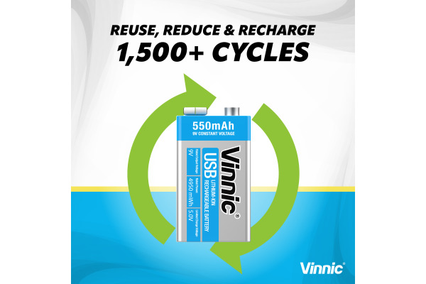 VINNIC USB Rech. Batt. 9V Type-C VPRB-UC9V 550mAh,Case,1pcs.