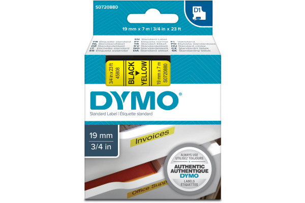 DYMO Schriftband D1 schwarz/gelb S0720880 Polyester, ablösbar 19mm/7m