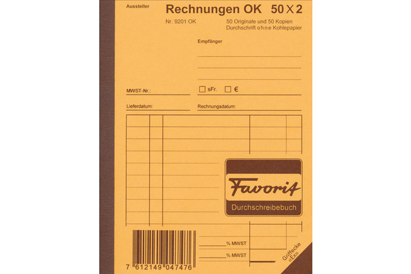 FAVORIT Formularbuch Rechnungen A6 9201 OK Durchschreibepapier 50x2 Blatt