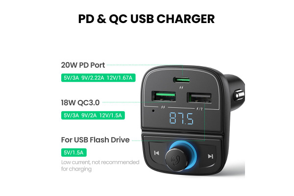 UGREEN BT 5.0 FM Transmitter 80910 20WPD Charger 3-Port
