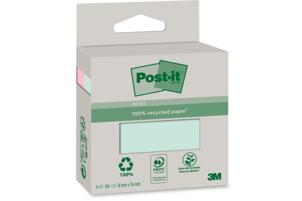 POST-IT Haftnotizen Recycling 76x76mm 6820R-2LM rosa und grün 2x100 Blatt