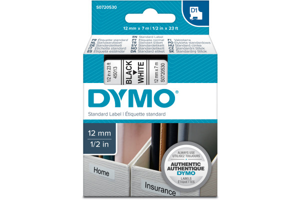 DYMO Schriftband D1 schwarz/weiss S0720530 Polyester, ablösbar 12mm/7m
