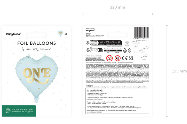 PARTYDECO Folienballon 45cm "FB390-001 Herz ""One"" blau"