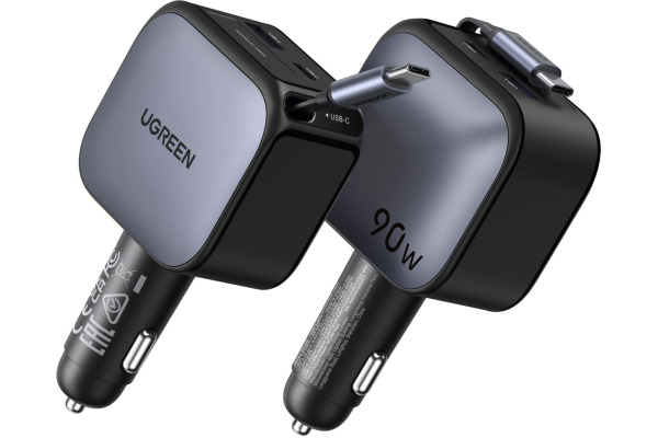 UGREEN Fast Car Charger 2-Port 90W 55909B Retractable Cable