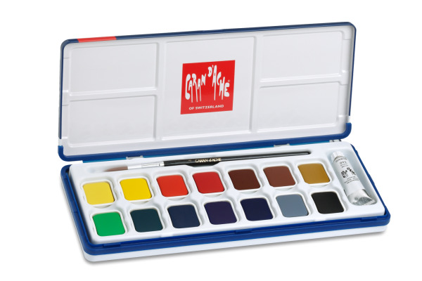 CARAN d'A Gouache Studio Wasserfarben 1000.315 14 Farben, 1 x weiss + Pinsel