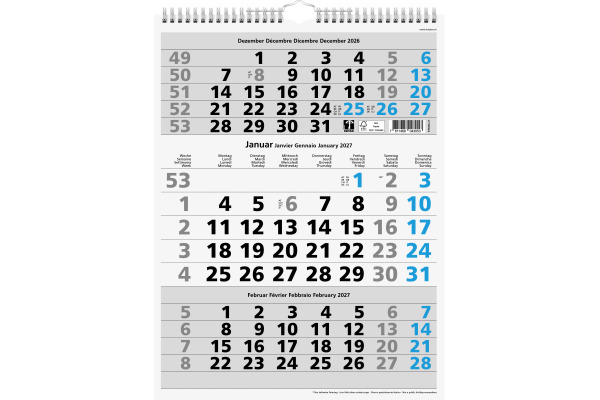 SIMPLEX 3-Monats-Wandkalender 2027 970006.27 3M/1S blau 31x40cm