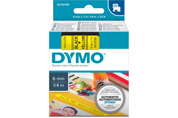 DYMO Schriftband D1 schwarz/gelb S0720790 Polyester, ablösbar 6mm/7m
