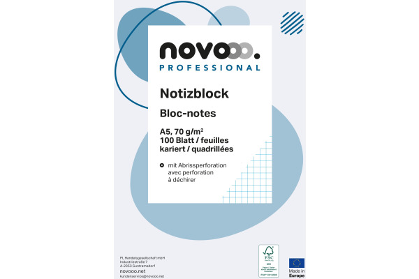 NOVOOO Notizblock weiss A5 694727 kariert 4mm, 70g 2x100 Blatt