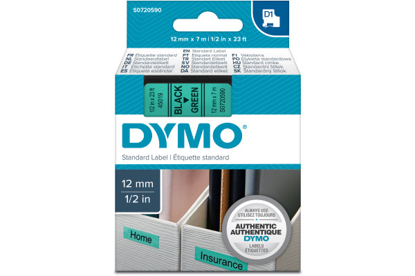 DYMO Schriftband D1 schwarz/grün S0720590 Polyester, ablösbar 12mm/7m