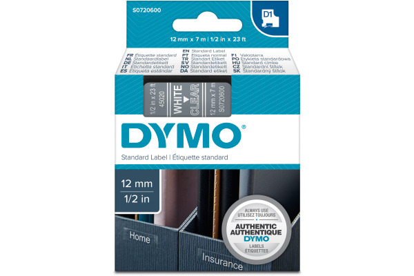 DYMO Schriftband D1 weiss/transp. S0720600 Polyester, ablösbar 12mm/7m