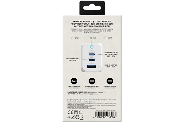 VINNIC FERNOW GaN 65W,Wallcharger VPCG-GA65 2x USB C, 1x USB-A, White