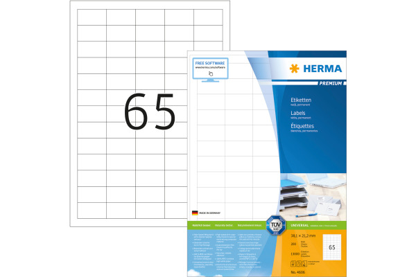 HERMA Universal-Etikett. 38,1x21,2mm 4606 weiss 13000 St./200 Blatt