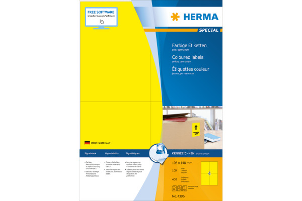 HERMA Etiketten SPECIAL 105x148mm 4396 gelb,perm. 400 St./100 Bl.
