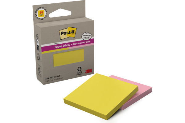 POST-IT Super Sticky 76x76mm 654PASYP gelb/rosa 2x70 Blatt