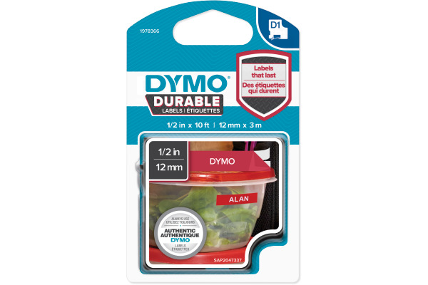 DYMO Schriftband D1 weiss/rot 1978366 Vinyl, permanent 12mm/3m