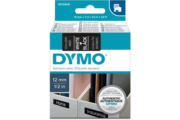DYMO Schriftband D1 weiss/schwarz S0720610 Polyester, ablösbar 12mm/7m