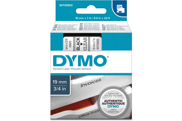 DYMO Schriftband D1 schwarz/transp. S0720820 Polyester, ablösbar 19mm/7m