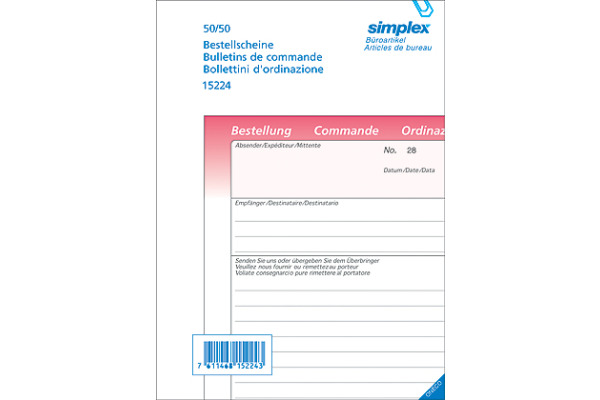 SIMPLEX Bestellscheine D/F/I A5 15211 rosa/weiss 100x2 Blatt